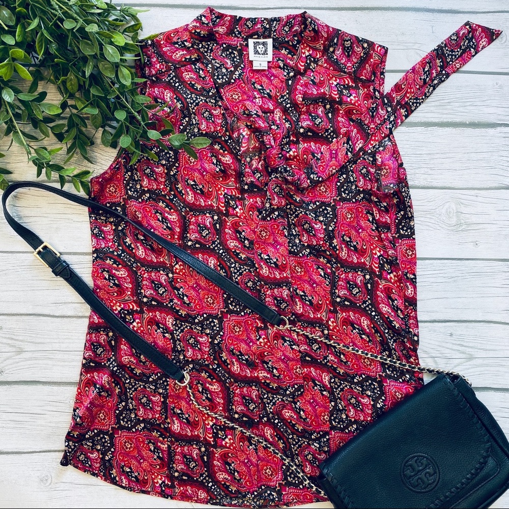 Anne Klein Printed Tie-Neck Top Sleeveless Blouse - Picture 1 of 6